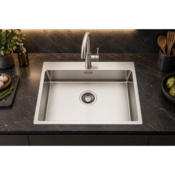 Enojno inox kuhinjsko korito nerjaveče jeklo SatinPlus 590×510 mm, vsadna ali ploska vgradnja za 70 cm omarico, s skritim prelivom – TASCA ASOLO 55