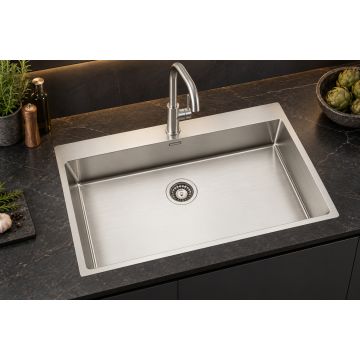 Enojno inox kuhinjsko korito 840×510 mm, ploska ali vsadna vgradnja za omarico od 90 cm s SatinPlus površino– TASCA ASOLO 80