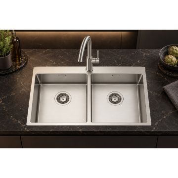 Dvojno pomivalno korito, inox SatinPlus, 745×510 mm, vsadna ali ploska vgradnja v omarico od 80 cm širine, brez odcejalnika – ASOLO 74 2V