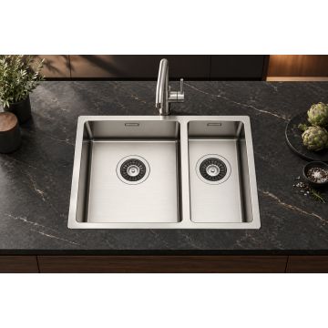 Vsadno dvojno pomivalno korito inox SatinPlus 555×440 mm, za 60 cm omarico, brez odcejalnika – TASCA CANOVA 55 2V L