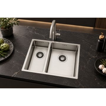 Dvojno inox pomivalno korito 555 × 440 mm, vsadno ali podvgradno za 60 cm omarico, SatinPlus, brez odcejalnika TASCA CANOVA 55 2V R