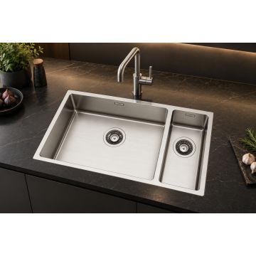 Dvojno inox pomivalno korito 745 × 440 mm, vsadno / podvgradno za omarico od 80 cm s SatinPlus površino TASCA CANOVA 74 2V L