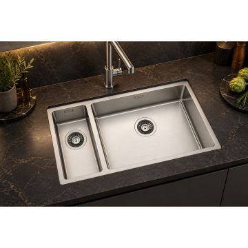 Dvojno inox kuhinjsko korito, vsadno / podvgradno za omarico od 80 cm 745 × 440 mm, SatinPlus, varjeno - CANOVA 74 2V R